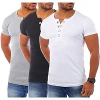 Young & Rich T-Shirt Herren basic fein gerippt mit trendigen extra großen Knöpfen 1872 mit Knopfleiste unifarben kurzarm slim fit
