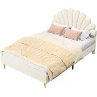 SEEZSSA Polsterbett Kinderbett Jugendbett (140x200cm Bett Doppelbett mit Blütenblattform Prinzessinnenbett), Samt,Beige