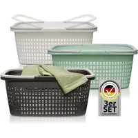 Hausfelder Wäschekorb Wäschewanne 58x37x25cm (Farbmix, 3 Körbe, 35 l) (Set, 3 St., 3 x Wäschekörbe), mit klappbaren Henkeln, mit Griffen, 35 Liter