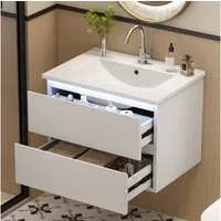 Flieks Waschtisch mit LED-Radarsensor und 2 Schubladen Badmöbel-Set, wandhängend (B61/T46/H45 cm, 1-St., Volllackierung, Badschrank mit Led-Beleuchtung Waschplatz Badzimmer), Waschbeckenunterschrank inkl. Waschbecken Badzimmerschrank Weiß