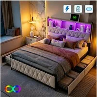 Furnishings Home Polsterbett 140x200 cm Stauraumbett LED Doppelbett (1 tlg, Geeignet für Jungen und Mädchen, Mit große Stauraum), mit Lattenrost und Ladefunktion, mit Komforthöhe, Leises Design Bett