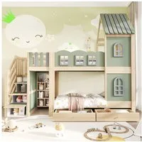Flieks Etagenbett, Kinderbett 90x200cm Hausform mit Stauraumtreppe Schubladen Regalen
