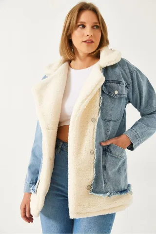 Shawlkragen-Jeansjacke mit Kunstfell