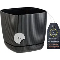 Engelland Blumentopf Pflanztopf mit Drainagesystem & Untersetzer (12 x 12 cm, 1 Liter, 1 St., robuster PP-Kunststoff), eckig, Rillenoptik, UV-resistent, direkte Bepflanzung