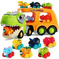 JOYIN Spielzeug-Transporter JOYIN Dino-Spielzeug für Kinder 2-4J, Dino-LKW mit 6 Gummifahrzeugen