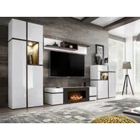 ASM-Moebel Wohnwand Wohnwand CROSS CS-K Hochglanz / Lamellen Ethanol Kamin Led Push-Click, Mit Bio-Ethanol Kamin, Led Beleuchtung und Push-Click System.