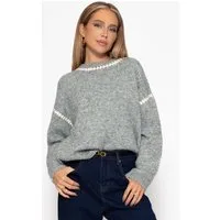 SASSYCLASSY Rundhalspullover Pullover mit Ziernähten für Damen Kuscheliger Strickpullover mit Rundhals und Wollanteil Grau Beige