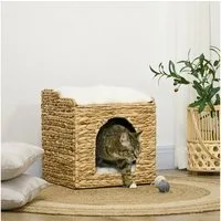PawHut Tierhaus Katzenhaus mit Kissen, Katzenbett, Wasserhyazinthengras, Braun, 37.5L x 37.5B x 41.5H cm