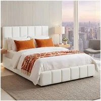 tectake Polsterbett Elegantes teddystoff-bett mit integrierter lattenrostauflage (Polsterbett günstig Shirley, in Teddy creme), stabiles Gestell aus Holz und pulverbeschichtetem Stahl