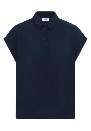 Cecil - Strukturiertes Blusenshirt mit Polokragen blau - Gr. - L