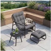 en.casa Gartenlounge-Set, (Set, 3-tlg., Gartenstuhl, Gartentisch, Fußhocker), »Trerdfjoa« Polsterkissen Metallgestell Dunkelgrau