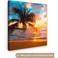 OneMillionCanvasses® Leinwandbild Palme - Sonnenuntergang - Horizont - Strand - Meer - Tropisch, Fotodruck (1 St), Wandbild, Deko Schlafzimmer Wohnzimmer Flur 20x20 cm