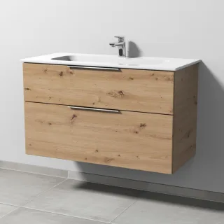 Sanipa 3way Keramik-Set Design Keramik-Waschtisch und Unterbau mit 2 Auszügen, Eiche Natural-Touch UM48185