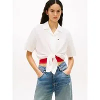 Tommy Jeans Kurzarmbluse TJW TIE FRONT LINEN SHIRT mit Knoten-Detail am Saum, Relaxed Fit