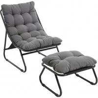 LVHOM Loungesessel mit Hocker, wasserdichtem Stahlrahmen, ergonomisch, für In-/Outdoor (Relaxsessel, bequeme Sitzfläche, Hocker als temporärer Sitz/Schuhwechselbank, rutschfestes Design, rostfreier Metallrahmen, Tragfähigkeit 130 kg), für Garten, Bal