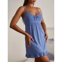 Elegant Love Negligé Damen Spaghettiträger-Nachthemd mit Rüschensaum und Schleife Bequemes Lounge-Kleid & Sleepshirt mit feinen Trägern