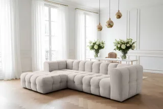 Ecksofa Designersofa SOLVIE in Stoff Moly Creme Ottomane Links