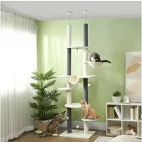 PawHut Kratzbaum Deckenhoch, 225-255 cm, mit Hängematten, Kratzstämmen, Korb, Spielball, mit Kippschutz, Weiß