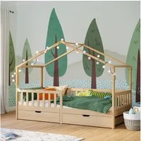 Bellabino Kinderbett Bia mit Rausfallschutz & Lattenrost (natur, mit zwei Schubladen), Kinderbett aus Kiefernholz, verfügbar in 80x160/90/120/140x200 cm