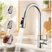 HOMELODY Küchenarmatur Hochdruck Wasserhahn Küche 360° Küchenarmatur mit Ausziehbarer Mischbatterie mit Dual-Spülbrause Gebürstet