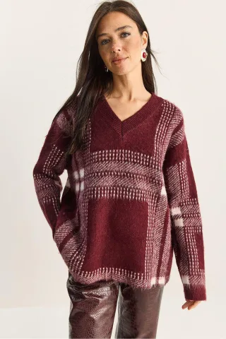 Kariertes V-Ausschnitt Langarm-Strickpullover