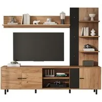 Merax Wohnwand mit Vitrine & Regal, in Holzoptik & Schwarz, (3-St), Mediawand mit 3 Schränken und offenen Regalböden