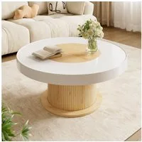 Merax Couchtisch Weiß Holzoptik, Rund Beistelltisch mit geriffeltem Zylinderfuß (1-St), Wohnzimmertisch kompakter Sofatisch aus MDF & PVC, 75x75x39cm