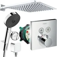 Hansgrohe und Jowi Duscharmatur ShowerSelect Thermostat, Unterputz Duschsystem mit Kopfbrause, Pulsify (Unterputz-Duschsystem) Thermostat und Handbrause mit Select-Taste, Edelstahl Kopfbrause