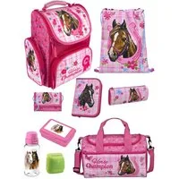 Familando Schulranzen Clou Pferde Champion Schultasche, rosa, ab 1. Klasse (Erweitertes Set, 9-tlg., mit Lunch-Set und Sporttasche), kompakt, mit 2-Wege Reißverschluss