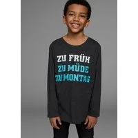 KIDSWORLD Langarmshirt ZU FRÜH, ZU MÜDE, ZU MONTAG Langarm, Basic-Passform, mit stylischem Druck, Rundhalsausschnitt