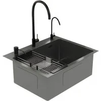 DeerValley Edelstahlspüle DeerValley Spülbecken Schwarz Küchenspüle aus Edelstahl, Nano-Beschichtung, Pop-up-Ablauf, 3 vorgebohrte Löcher, hinterer Ablauf, X-Ablaufrillen, Schalldämmung, (Küchenspülen-Set, Set mit Armatur, Seifenspender und Ablauf), 