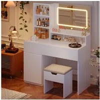 HOMALL Schminktisch Mit integrierten LED-Leuchten, einstellbare Helligkeit und Temperatur (Produktabmessungen: 90 × 40 × 135 cm Mit 5 offenen Ablagefächern + 2 Schubladen + 1 doppelstöckigem Schrank)