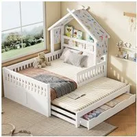 Flieks Kinderbett, Massivholz Hausbett 140x200cm mit Ausziehbett 90x190cm & 3 Schubladen