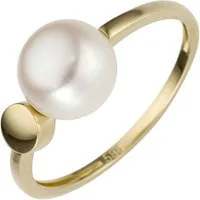 Schmuck Krone Goldring Ring aus 585 Gelbgold mit Süßwasser Perle weiß, Gold 585