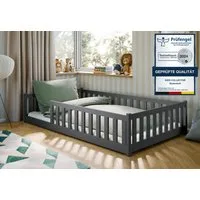 Kids Collective Kinderbett Bodenbett Bett mit Rausfallschutz & Lattenrost Montessori Bett Kinder (Jungen, Mädchen, Kinder, weitere Größen 80x160, 80x180, 90x190, 90x200, 140x200 cm), Jugendbett Einzelbett mit Matratze Graphit Kiefer 120x200 cm