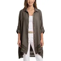 dy_mode Longbluse Damen Oversized Longbluse Musselin Tunika HemdbluseBlusenkleid in Unifarbe, dekorativem Häkel-Saum, Oversize-Passform