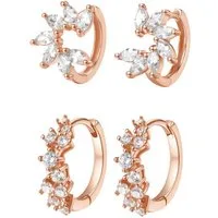 Hey Happiness Creolen-Set Layer Blumen, aus Silber 925 4-tlg., Florale Damen Silberohrringe mit Zirkonia, Vergoldet 18K