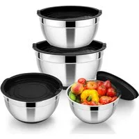 PFCTART Rührschüssel Schüssel Set mit Deckel - Salatschüssel & Edelstahl Schüssel, Edelstahl (Schüsseln), Kunststoff (Deckel), (Rostfrei, leicht zu reinigen - Vielseitig für Vorrat & Zubereitung, 4-tlg), Stapelbar & rutschfest - 16/18/22/26 cm Schüss