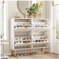 Flieks Schuhschrank mit 4 Klappen, goldfarbene Metallfüße und Metallgriffe (1-St., B100 xT24x H91,5 cm) Schuhkommode Schuhkipper mit verstellbarer Einlegeböden Weiß