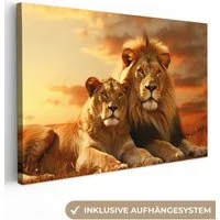 OneMillionCanvasses® Leinwandbild Löwen - Sonnenuntergang - Afrika - Savanne - Tiere, Fotodruck (1 St), Leinwand Bilder Klein, Wand Dekoration Aesthetic 30x20 cm