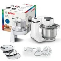 BOSCH Küchenmaschine Serie 2 MUMS2EW01, Edelstahlschüssel, Durchlaufschnitzler, Deckel, 700 W, 3,8 l Schüssel, Durchlaufschnitzler, 3 Reibescheiben, Patisserieset Edelstahl