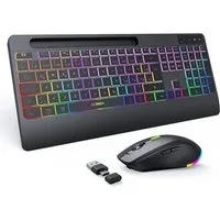 Seenda JPX006 Tastatur Maus Set kabellos beleuchtet Tastatur- und Maus-Set, (3 St., wiederaufladbare USB & Typ C Funktastatur mit Maus), mit Handyhalter und Handballenauflage