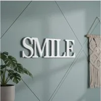 Melko Wanddekoobjekt Holzschrift Dekoschild SMILE Schriftzug Weiß Holz Aufhängen Wanddeko (Stück, 1 St), Inkl. Wandbefestigungsaufkelebern