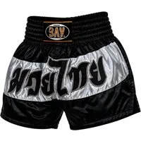 BAY-Sports Sporthose Fashion Thaiboxhose schwarz grau Thaiboxshorts Hose Muay Thai Herren (schwarz, Stück) Dickes Polyester aufgenähte Thai Schrift schwarz/grau Elastikbund