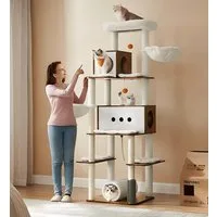 FEANDREA Kratzbaum Katzenbaum, mehrstöckiges Katzenhaus, 192 cm, XXL, 2 Höhlen, 2 Liegemulden, 4 Kratzstämmen, Katzenbürste, Tunnel