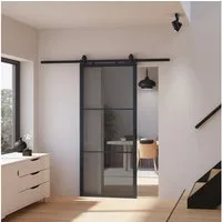inova wohnen Glasschiebetür Grauglas schwarzer Stahlrahmen, Komplett Set offene Laufschiene Softclose Loftstyle