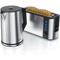 Arendo Frühstücks-Set Wasserkocher 1,5l & 2-Scheiben Langschlitz Toaster, Edelstahl, Silber (2-tlg), Wasserkocher mit Temperaturwahl, Toaster mit Brötchenaufsatz