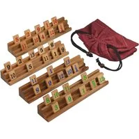 LOGOPLAY Spiel Rummy im Stoffbeutel, Gesellschaftsspiel, Rummy Okey Strategisches Legespiel aus edlem Holz für 2 bis 4 Spieler