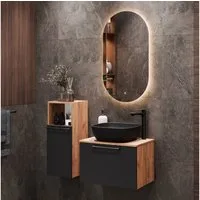 Planetmöbel Badmöbel-Set ASTRA Waschtischunterschrank 60 cm mit Midischrank und LED Spiegel, (Waschbeckenunterschrank, 4-St., Spiegel), Waschtisch und Waschbecken schwarz mit Spiegel und 1x Midischrank