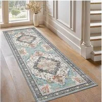 GENIMO Teppich Wohnzimmer Teppich, Boho Vintage, waschbar, rutschfest, Kurzflor, groß, rechteckig, 60x150cm, hellblau